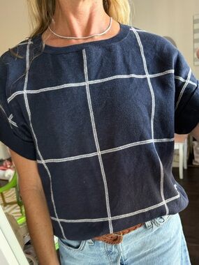 Barbour Navy Windowpane Check Knit Top Size 8 Quiet Luxury Heritage